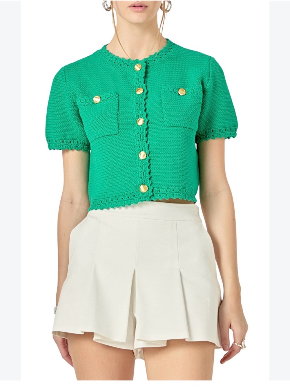 English Factory Green Cropped Knit Cardigan with Gold Buttons